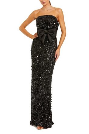Mac Duggal Strapless Sequin Column Evening Gown With Bow in Black at Nordstrom, Size 12