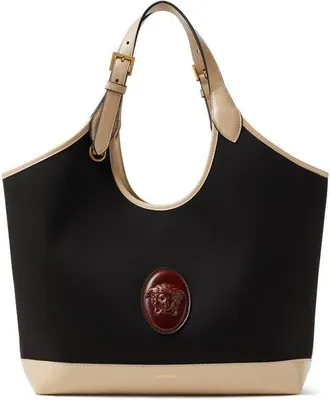 Versace Large Rivi&egrave;re Canvas & Leather Tote in Black Grey Rosewood Gold at Nordstrom
