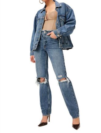 Good American 90s High Rise Destroyed Straight Leg Jeans In Blue