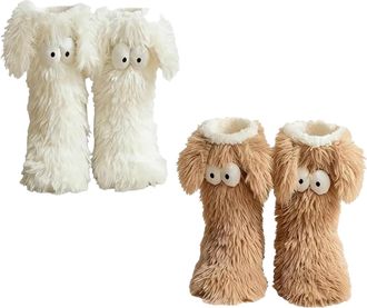 Generic Muffle Friends Cozy Socks, Womens Winter Fuzzy Non-Slip Slipper Socks with Cute Big Eyes, Ultra Soft Warm Home Socks (White+Coffee)