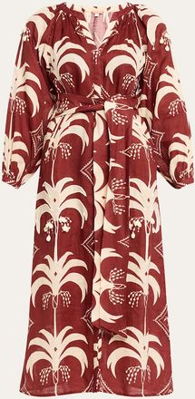 Johanna Ortiz Palm-Print Linen Long-Sleeve Belted Midi Dress