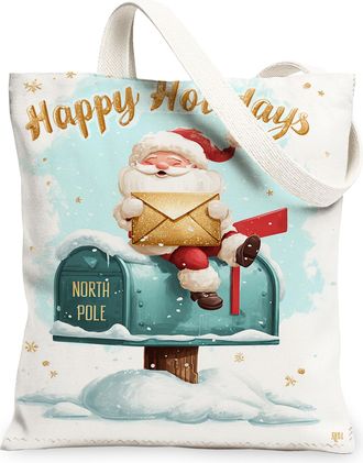Generic Christmas Santa Canvas Tote Bags, Holiday Mailbox Design Reusable Grocery Bags, Winter Lightweight Washable Shoulder Strap, White, 13x15 Inch