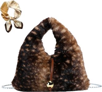 Generic Brown Deer Print Dumpling Bag for Women, Fall Faux Fur Animal Handbag, Retro Plush Large Capacity Chain Shoulder Bags
