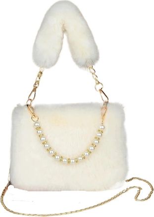 Generic Womens Plush Bags Fluffy Pearl Handbag Fashionable Womens Crossbody Bag Chain Design Autumn Winter Small Versatile(Beige White)