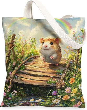 Generic Spring Hamster Canvas Tote Bag for Shopping 13x15, Country Garden Animal Reusable Grocery Print Pattern Bag for Women, Fun Flower Scenic Beach Aesthet