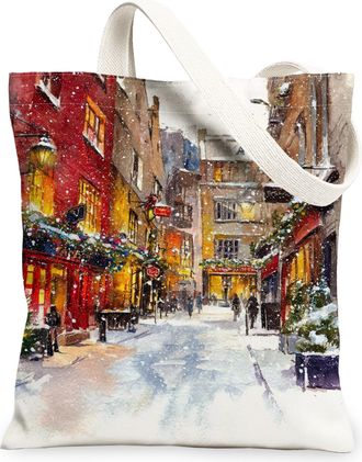 Generic Winter Street Scene Canvas Tote Bags, Artistic Snowy Landscape Pattern Reusable Grocery Bags, Vintage Lightweight Washable, White, 13x15 Inch