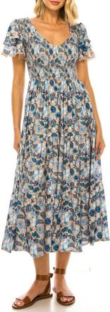 A Collective Story Floral Print Flutter Sleeve Midi Dress in Hazelnut at Nordstrom, Size X-Large