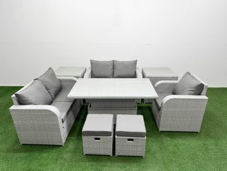 Fimous High Back Poly Rattan Garden Furniture Set w/ Reclining Chair Loveseat Sofa Adjustable Lifting Dining or Coffee Table Indoor Outdoor Patio Set