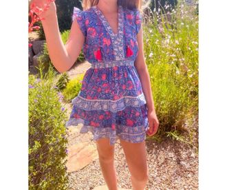 Bell Olivia A-Line Dress In Blue Pink Print