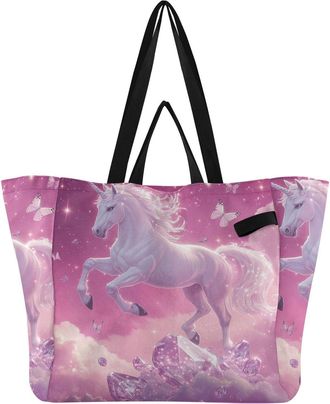 Generic Pink Unicorn Butterflies print Reusable Canvas Tote Bag, Heavy Duty Grocery Shopping Bag with Double Handles Hard Bottom Large Capacity Work Groceries