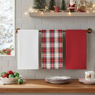 KASANOVA Set 3 strofinacci tartan bianco con cestino