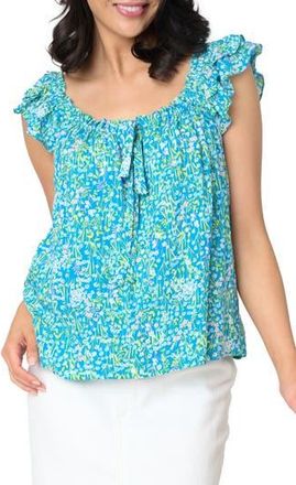 Gibsonlook Tie Neck Flutter Sleeve Top in Pretty Blue Meadow at Nordstrom Rack, Size Xx-Small