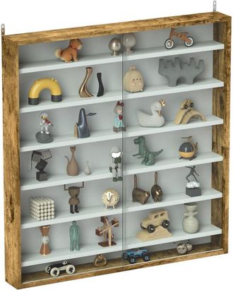 HOMCOM 7-Tier Wall Display Cabinet w/ Shelves Glass Doors, Rustic Brown