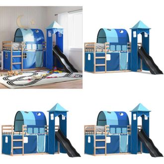vidaXL Letto a Castello con Scivolo e Tende Blu 80x200 cm - Letto a castello per bambini - Letto a castello con tende
