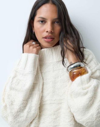 Abercrombie & Fitch maglione oversize con collo a imbuto in jacquard crema-Neutro