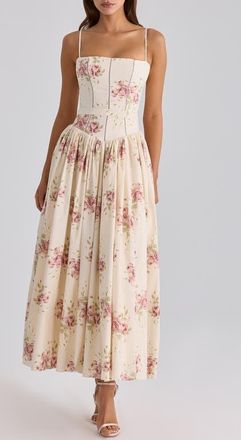House of CB Ysabella Floral Stretch Cotton Maxi Sundress in Ivory Vintage Rose Print at Nordstrom, Size X-Small