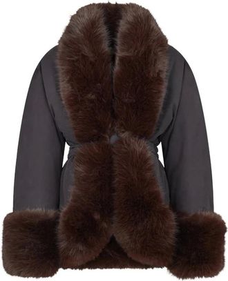 Andamane Abrigo con cintur&oacute;n y ribete de pelo sint&eacute;tico - Coats - Mujer - Gris - XS