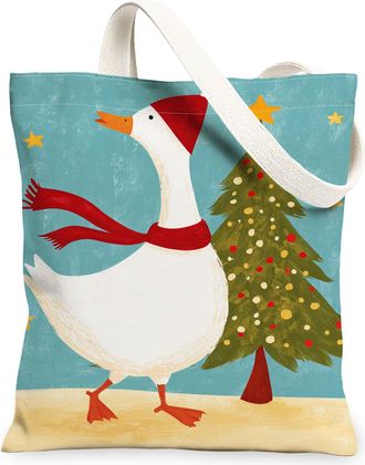 Generic Christmas Goose Canvas Tote Bags, Holiday Bird Pattern Reusable Grocery Bags, Winter Rustic Lightweight Washable Shoulder S, Blue, 13x15 Inch