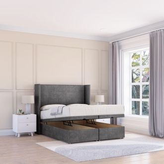 Sloomy Devonshire Plush Fabric Ottoman Bed End Opening With Sprung Memory Mattress & 54 Inch Floorstanding Headboard With Wings | Size: Double