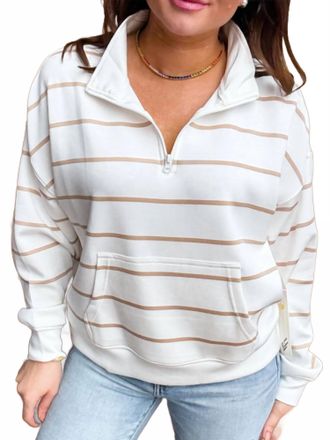 Ocean Drive Clothing Cloud Fleece Quarter Zip Sweater In Bright Ivory & Nude