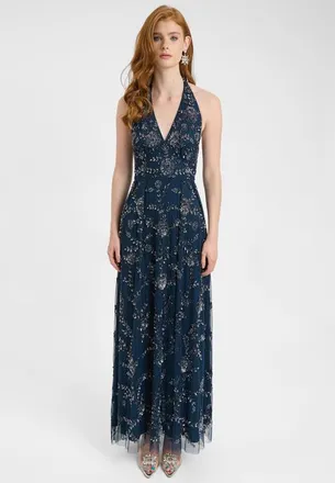 Beauut Embellished Sequin Beaded Maxi Dress With Halter Neck With Deep V-Cut in Navy at Nordstrom, Size 14