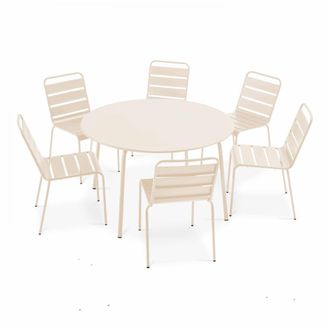 Oviala Mesa redonda de jard&iacute;n y 6 sillas de metal marfil