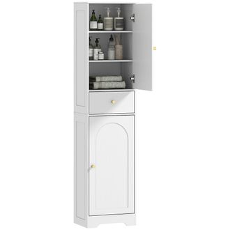 OEM Armario Alto De Ba&ntilde;o Estrecho Con 2 Puertas Arqueadas Caj&oacute;n Y Estantes Ajustables Moderno 40x29,5x170 Cm Blanco Veteado