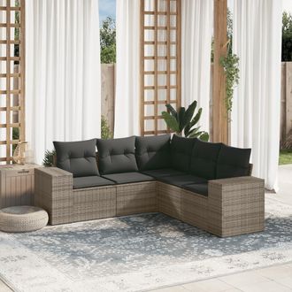 vidaXL Juego De Sof&aacute;s Jard&iacute;n Con Cojines 5 Pzas Rat&aacute;n Sint&eacute;tico Gris Vidaxl