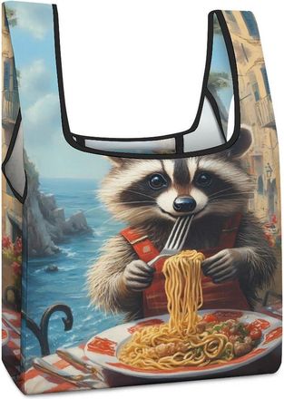 Generic Cute Raccoon Eat Spaghetti Shopping Bag Reusable Grocery Tote Bag Foldable Handbag for Travel Picnic