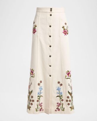 Valentino Garavani Floral Embroidered Denim Button-Front Maxi Skirt