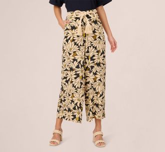 Adrianna Papell Rope Belt Floral Printed Wide Leg Pant In Black Olive Lily