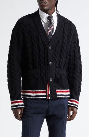 Thom Browne RWB Cable Knit Wool Cardigan in Black at Nordstrom, Size 1