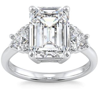 Pompeii3 Certified 4 1/2Ct Emerald & Heart 3-Stone Diamond Ring 14k Gold Lab Grown