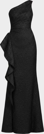 Teri Jon One-Shoulder Jacquard Side-Ruffle Gown