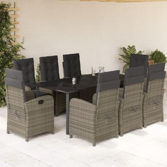 vidaXL Set Comedor Jard&iacute;n 9 Pzas Y Cojines Rat&aacute;n Sint&eacute;tico Gris Vidaxl