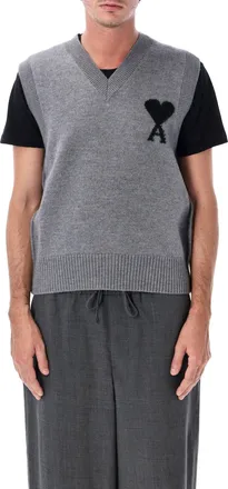 Ami Felted Merino Wool Sleeveless Sweater with Intarsia Heart Design