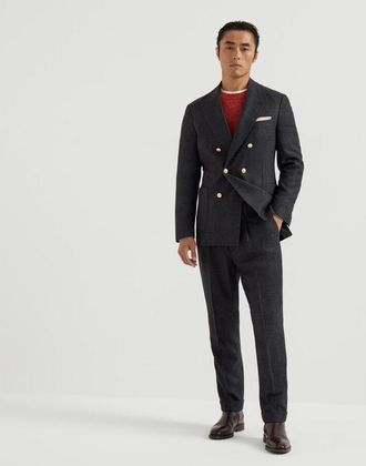 Brunello Cucinelli Mens Anthracite Wool Double Breasted Checked Suit, Size 48