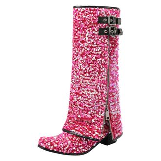 Generic Winter Women Mid Calf Boots Fashionable Pattern Sequins Autumn Winter Footwear Cool Zipper Design Low Heel Height Comfortable Daily Wear (Red, 4. 5)