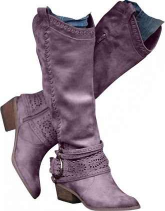 Generic Knee High Western Cowboy Cowgirls Boots for Women Side Zipper Retro Wide Width Low Heel Mid Calf Booties Dress Winter Shoes Vintage Boho Lace Leather 