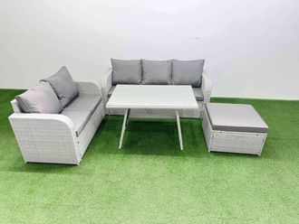 Fimous Rectangular Dining Table Sofa Set with Big Stool Light Grey