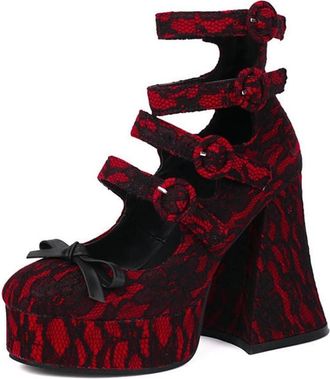 Generic Womens Gothic Punk Platform Pumps with Lace Flower Upper Low Toe Bowknot Closed Round Toe Ankle Strap Buckles Mary Jane Shoes (Red,7.5)