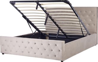 Beliani Cama Doble Tapizada En Terciopelo Gris Pardo 160 X 200 Cm Con Almacenamiento Cabecero Acolchado Amiens