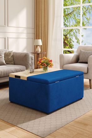 Living and Home Velvet Upholstered Storage Ottoman Stool in Blue