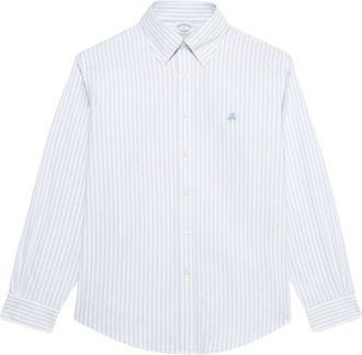 Brooks Brothers Lichtblauw en wit regular fit non-iron stretch katoenen casual overhemd met button-down kraag - Heren - Casual Overhemden - Blauw - 2XL - Katoen - Ove
