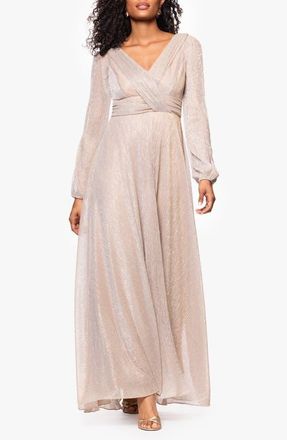Betsy & Adam Metallic Crinkle Long Sleeve A-Line Gown in Gold/Silver at Nordstrom, Size 16