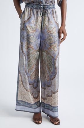 Zimmermann Wanderlust Paisley Relaxed Wide Leg Habutai Silk Drawstring Pants in Tapestry Blue Multi at Nordstrom, Size 4
