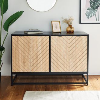 VonHaus Dalton Chevron Wood Effect 4 Door Living Room Sideboard in Black