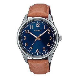 Casio Mens CASIO DRESS Series Minimalistic Retro Small Business Watch Navy Blue Mens Brown Analog MTP-V005L-2B4