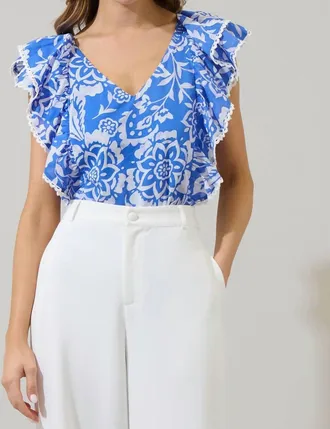 Sugarlips Womens Floral Ziva Ruffle Blouse In Blue White