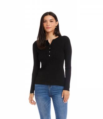 Karen Kane Hana Henley Ribbed Crewneck Sweater In Black